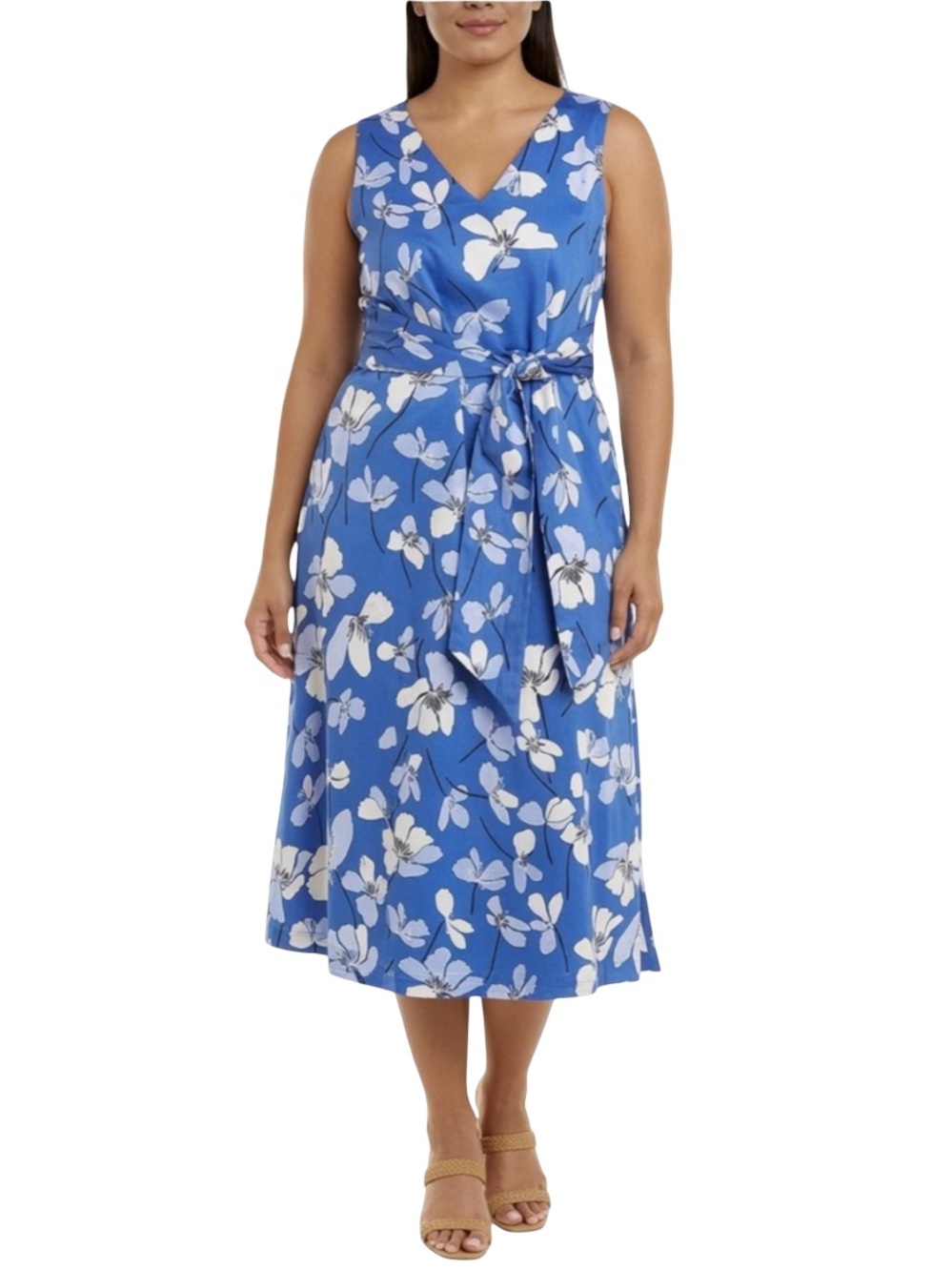 Anne Klein Floral Fit-and-Flare Sleeveless Blue White Dress XL NWOT
